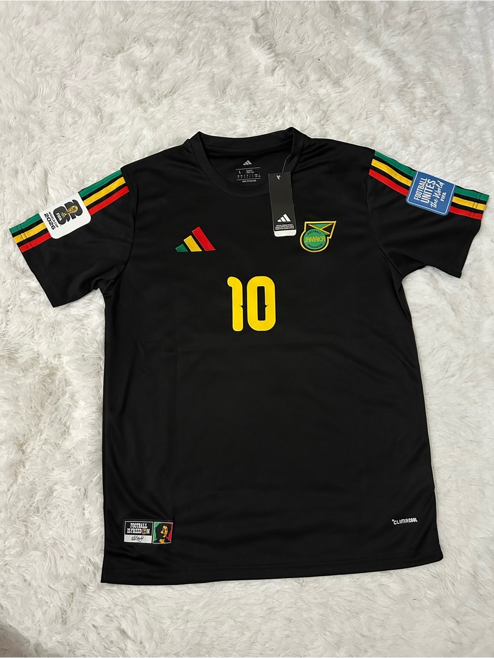 adidas Black Jamaica Men's Soccer Jersey with Yellow Number